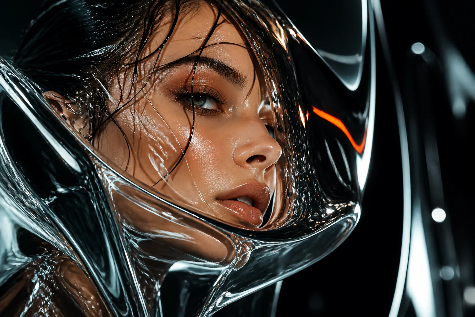 Chrome-and-glass beauty close-up of an adult model with wet hair