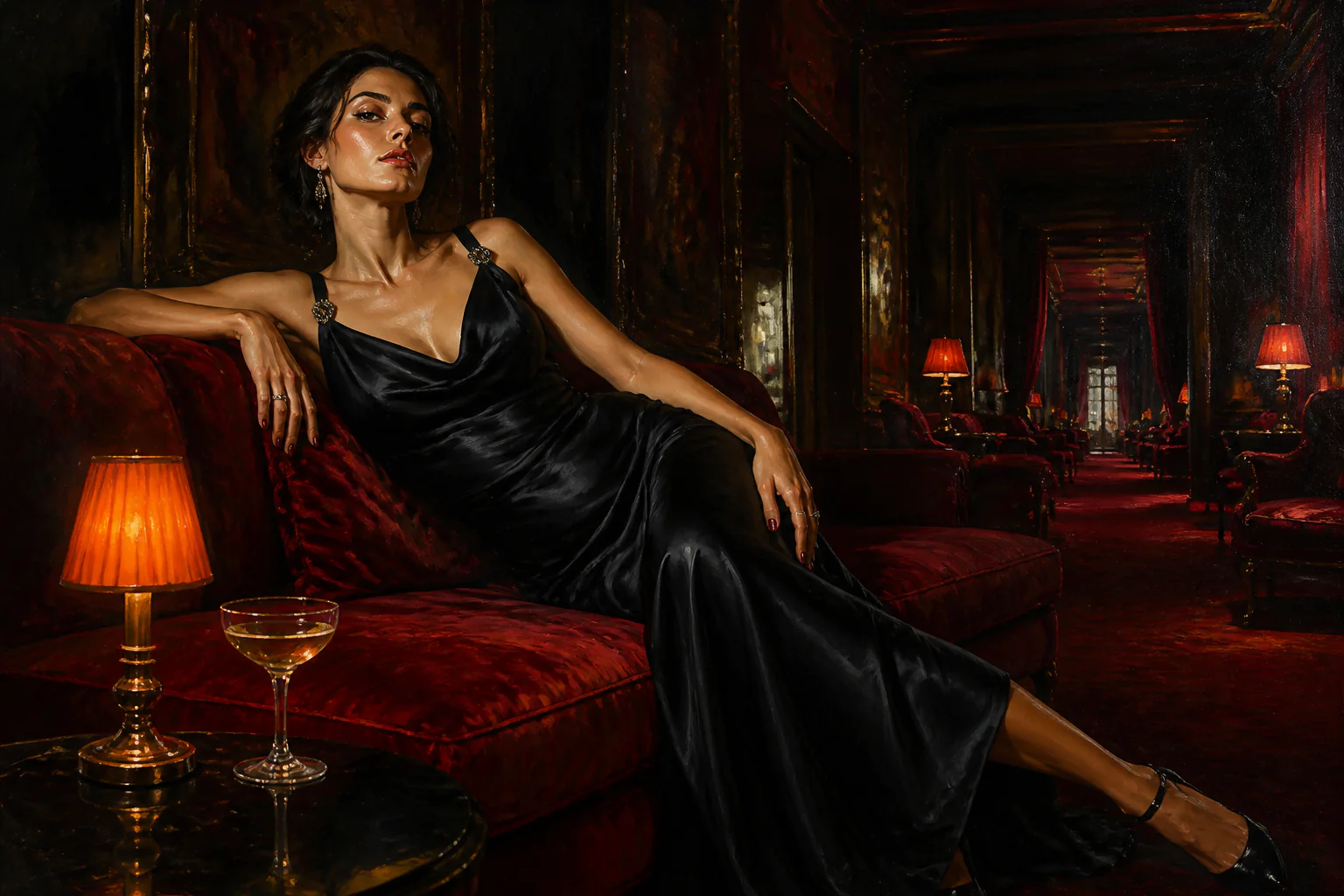 Oil-painted nocturnal fashion portrait of an adult model in red velvet
