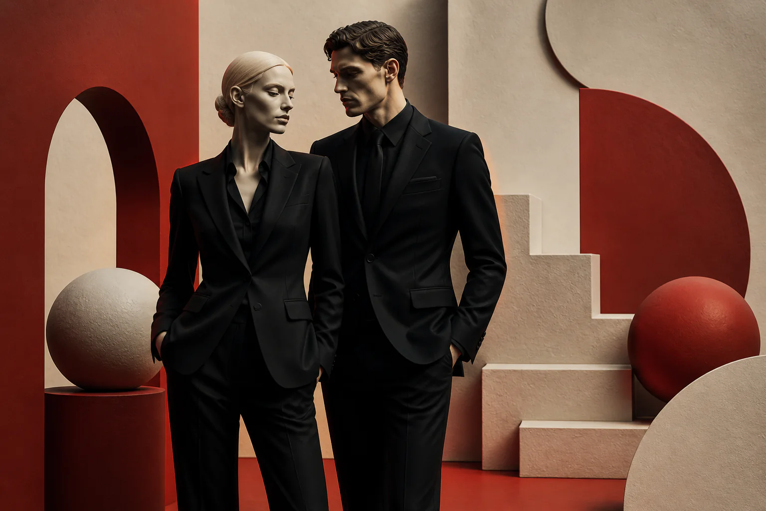 Sculptural 3D fashion portrait of two adult models in black suits