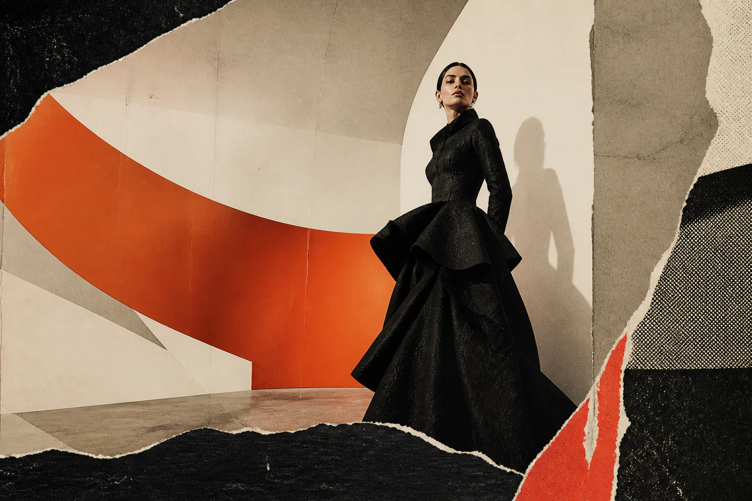 Hand-cut orange-and-black fashion editorial collage with an adult model
