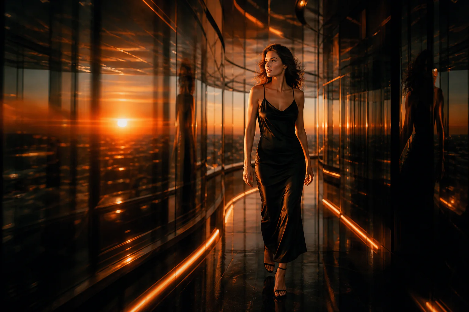 Cinematic adult fashion model in a mirrored corridor at orange sunset